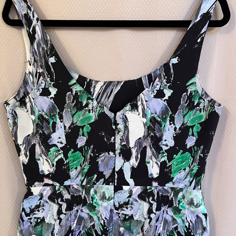 Milly Black Floral-Print Midi Dress with Green and White Brushstroke Accents - Picture 5 of 14